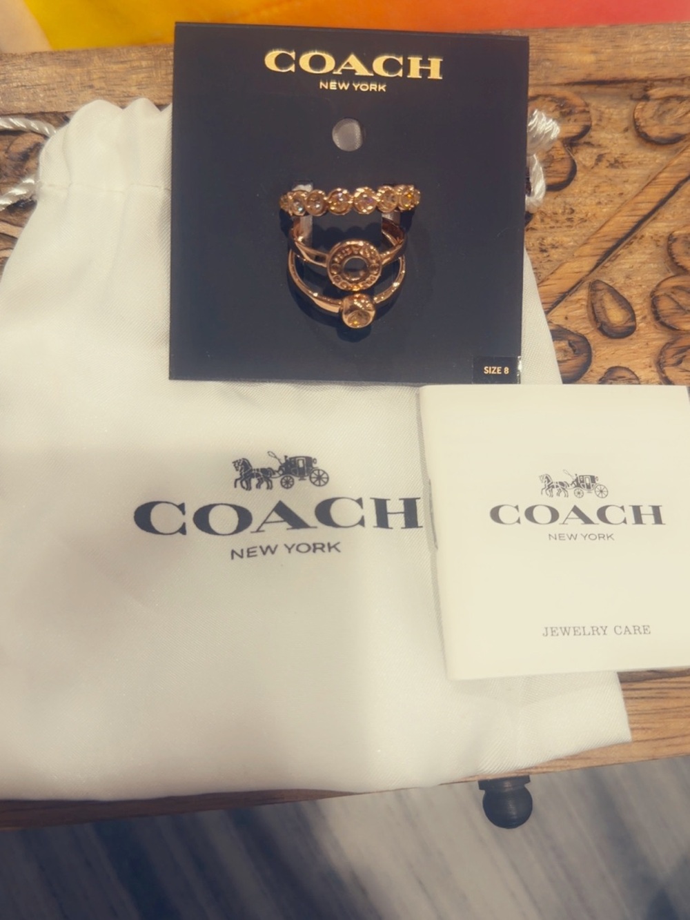 Coach Gold-Tone Stacked Ring Set with Crystal Accents Size 8